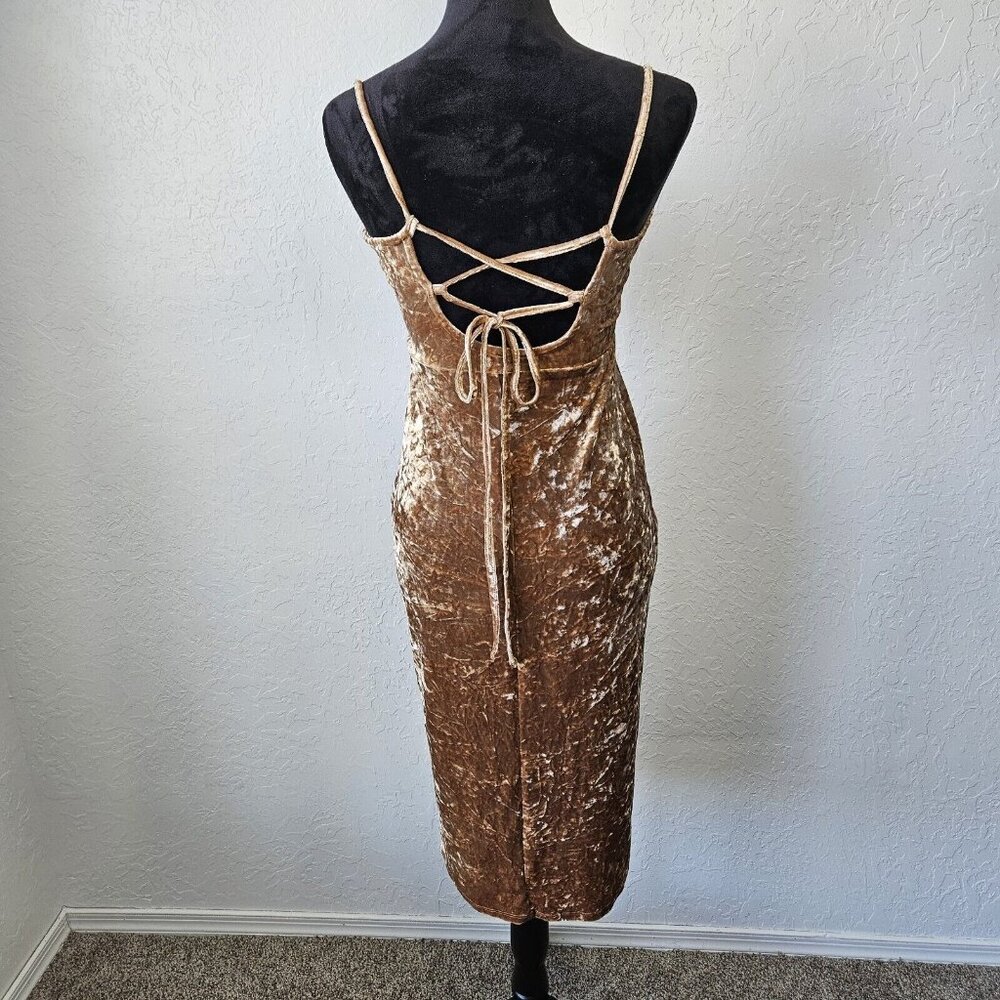 Vtg Y2K Forever 21 Crushed Velvet Midi Dress Tan Sz Med fairycore - Picture 2 of 12